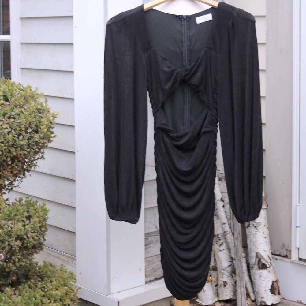 Rumor Black Knit Twist Bodice Exposed Belly Ruched Sides Bodycon Dress S